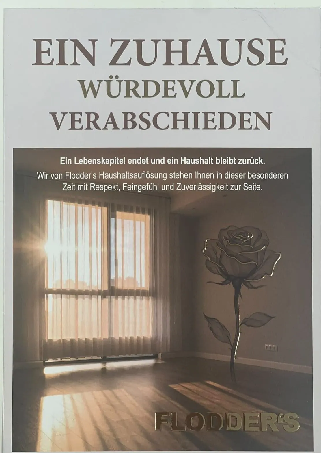 Plakat von Flodder's: „Ein Zuhause würdevoll verabschieden“ – Hinweis auf Nachlassauflösungen mit Respekt und Feingefühl