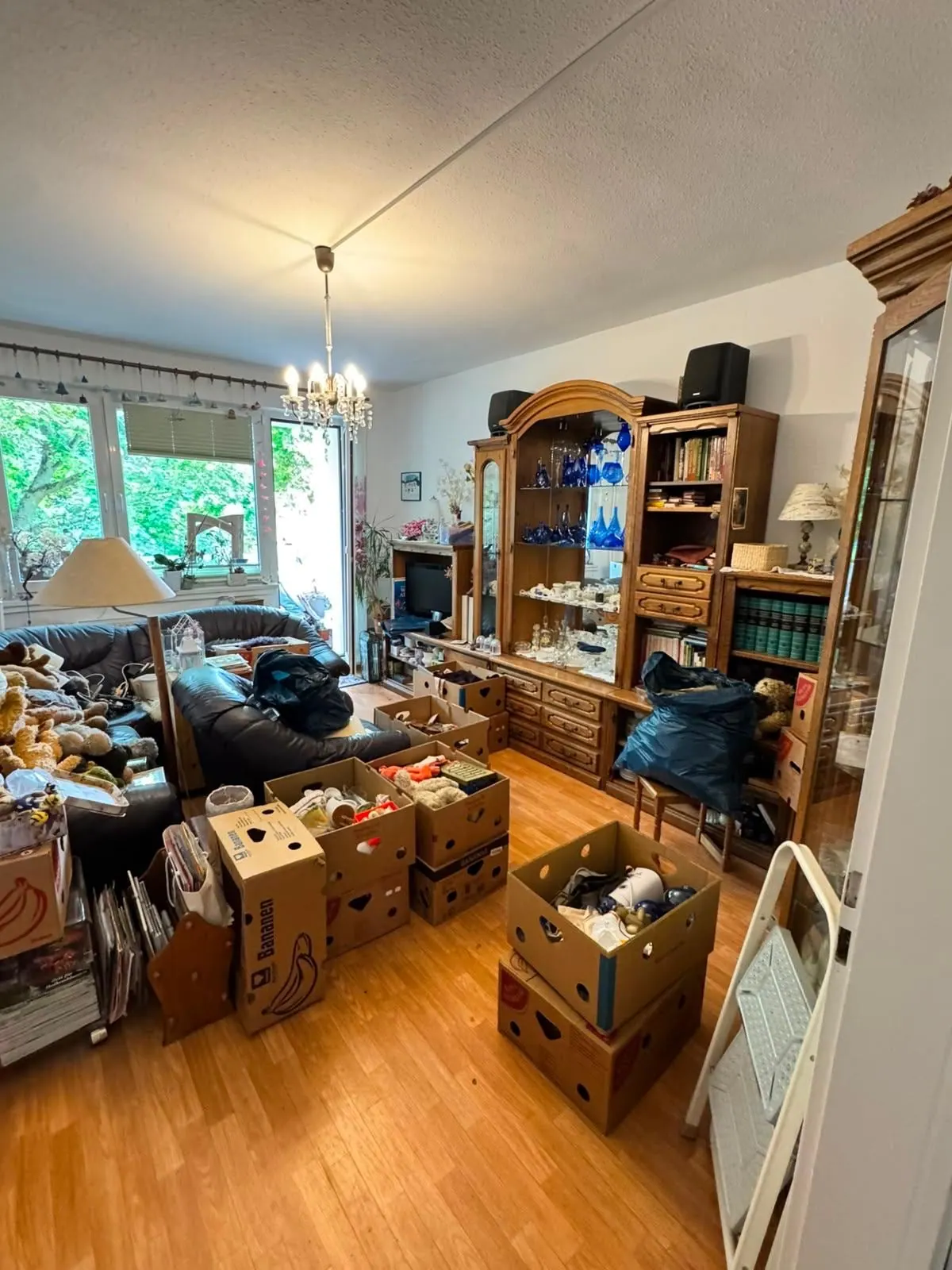 Wohnzimmer vor der Haushaltsauflösung: Schrankwand, Sofa und gepackte Umzugskartons